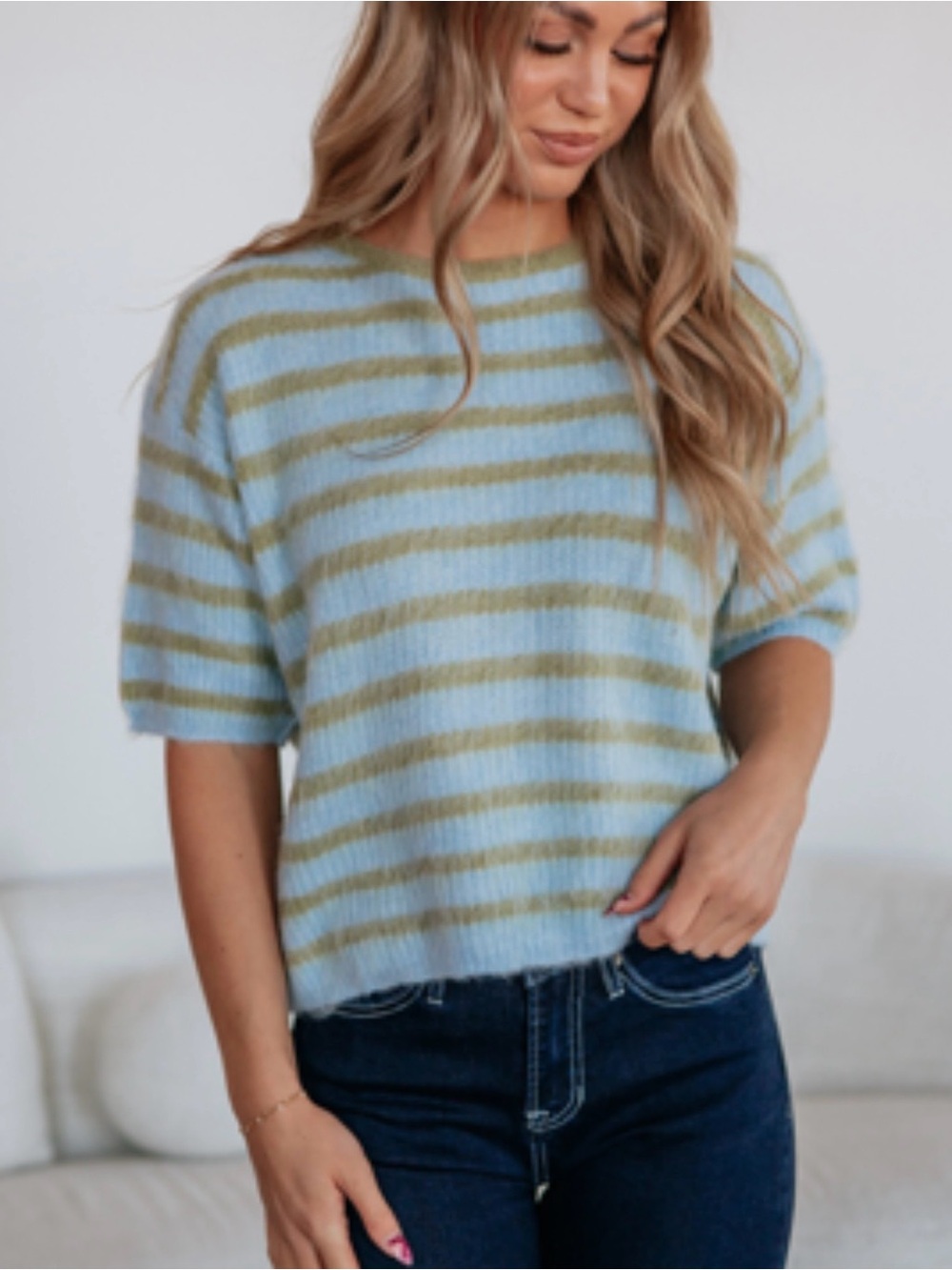 Overdized Striped Short Sleeve fuzzy sweater